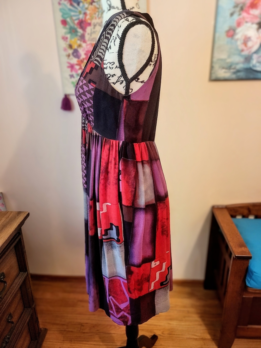 Etro 100% Silk Velvet Detail V-Neck Sleeveless Patchwork Midi Dress, EUC, Large - Picture 10 of 16